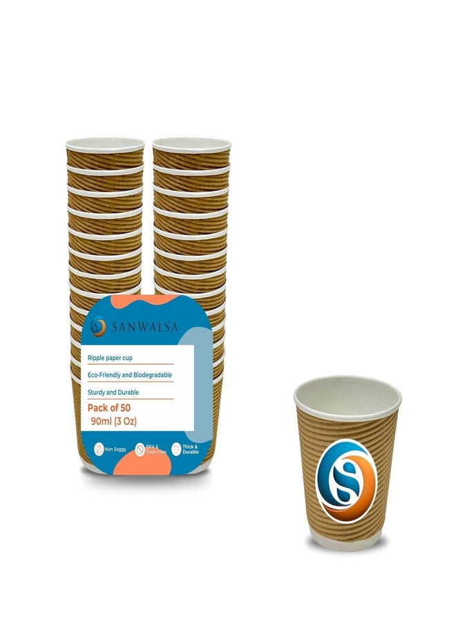 SANWALSA [90 ml, 50 Count, Brown Disposable Ripple Paper Cups | Eco-Friendly & Heat-Resistant Cups for Wedding, Party, Picnic, Cafes | Ideal for Tea, Coffee, Juice & Water - Image 1